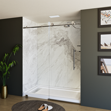 Load image into Gallery viewer, 60&quot; x 76&quot; Frameless Shower Door - Acrylic Shower Pan with Linear Drain - Shower Kit with 5pc Shower Wall System