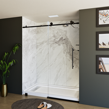 Load image into Gallery viewer, 60&quot; x 76&quot; Frameless Shower Door - Acrylic Shower Pan with Linear Drain - Shower Kit with 5pc Shower Wall System