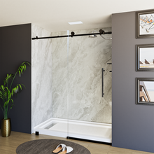 Load image into Gallery viewer, 60&quot; x 76&quot; Frameless Shower Door - Acrylic Shower Pan with Linear Drain - Shower Kit with 5pc Shower Wall System