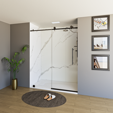 Load image into Gallery viewer, 60&quot; x 76&quot; Frameless Shower Door with Black - Solid Surface Shower Base Tray - Shower Kit with covered drain - and 5pc Shower Wall System