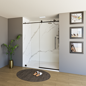 60" x 76" Frameless Shower Door with Black - Solid Surface Shower Base Tray - Shower Kit with covered drain - and 5pc Shower Wall System