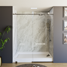 Load image into Gallery viewer, 60&quot; x 76&quot; Frameless Shower Door - Acrylic Shower Pan with Drain - Shower Kit with 5pc Shower Wall System