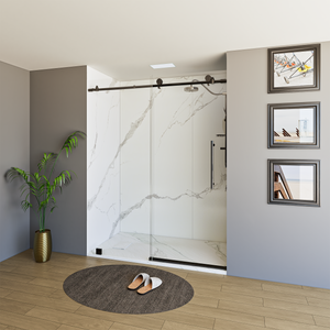 60" x 76" Frameless Shower Door with Black - Solid Surface Shower Base Tray - Shower Kit with covered drain - and 5pc Shower Wall System