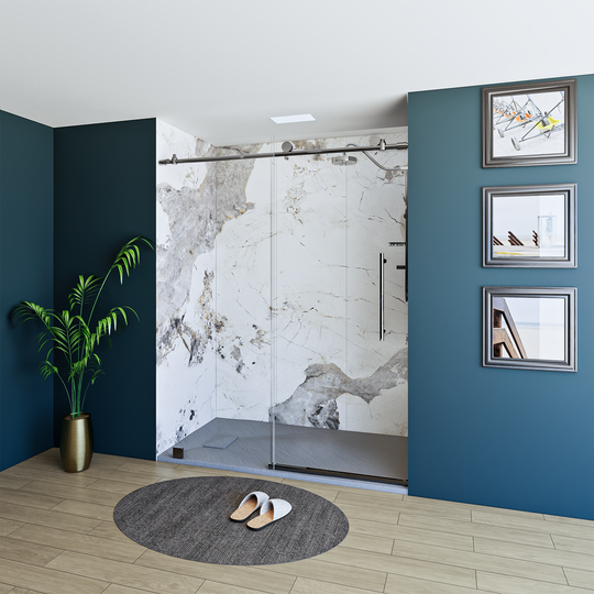 60" X 76" Armani Grey Alcove Shower Wall Kit - Shower Door / Wall System / Solid Surface Shower Base Tray with Covered Drain