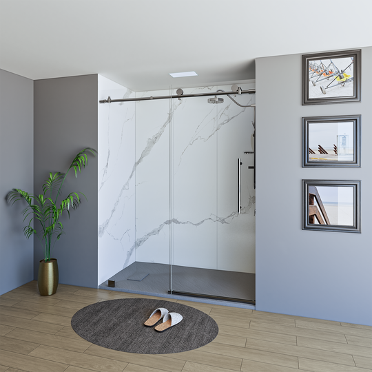60" X 76" Armani Grey Alcove Shower Wall Kit - Shower Door / Wall System / Solid Surface Shower Base Tray with Covered Drain
