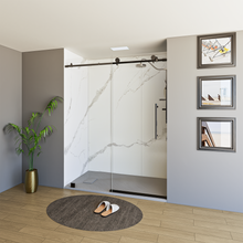 Load image into Gallery viewer, 60 x 76 Inch Frameless Wall to Wall Shower Enclosure with One Fixed Glass &amp; One Sliding Door, Clear Tempered Glass: 8mm, Black Finish - PRO