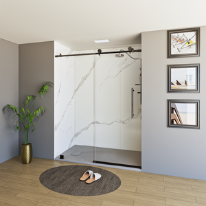 60" x 76" Frameless Shower Door with Black - Solid Surface Shower Base Tray - Shower Kit with covered drain - and 5pc Shower Wall System