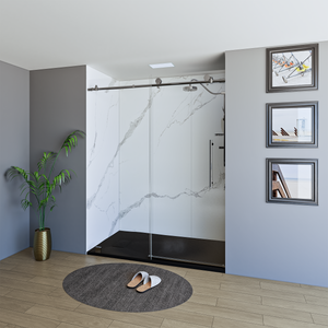60" X 76" Armani Grey Alcove Shower Wall Kit - Shower Door / Wall System / Solid Surface Shower Base Tray with Covered Drain