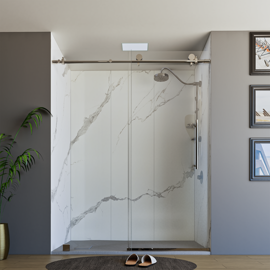 60" X 76" Armani Grey Alcove Shower Wall Kit - Shower Door / Wall System / Solid Surface Shower Base Tray with Covered Drain