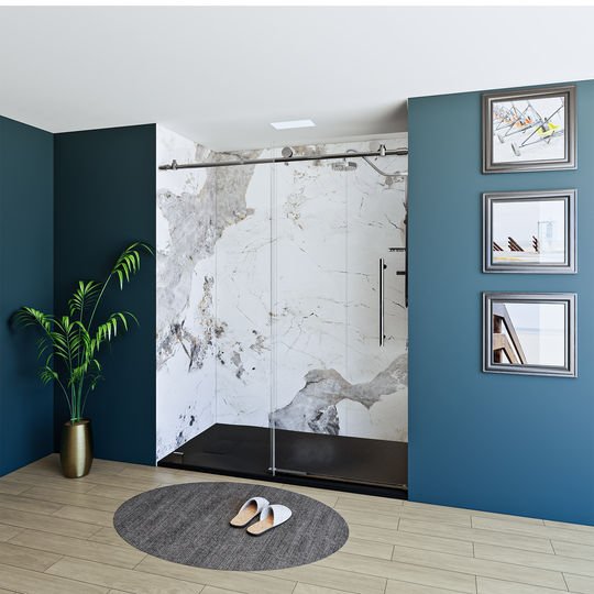 60" X 76" Armani Grey Alcove Shower Wall Kit - Shower Door / Wall System / Solid Surface Shower Base Tray with Covered Drain