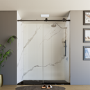 Load image into Gallery viewer, 60&quot; x 76&quot; Frameless Shower Door with Black - Solid Surface Shower Base Tray - Shower Kit with covered drain - and 5pc Shower Wall System