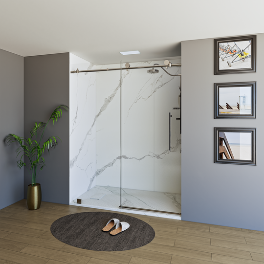 60" X 76" Armani Grey Alcove Shower Wall Kit - Shower Door / Wall System / Solid Surface Shower Base Tray with Covered Drain