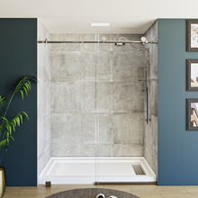 Load image into Gallery viewer, 60&quot; x 76&quot; Frameless Shower Door - Acrylic Shower Pan with Linear Drain - Shower Kit with 5pc Shower Wall System