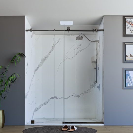 60" X 76" Armani Grey Alcove Shower Wall Kit - Shower Door / Wall System / Solid Surface Shower Base Tray with Covered Drain