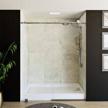 Load image into Gallery viewer, 60&quot; x 76&quot; Frameless Shower Door - Acrylic Shower Pan with Drain - Shower Kit with 5pc Shower Wall System