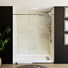 Load image into Gallery viewer, 60&quot; x 76&quot; Frameless Shower Door - Acrylic Shower Pan with Linear Drain - Shower Kit with 5pc Shower Wall System