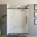 Load image into Gallery viewer, 60 x 76 Inch Frameless Wall to Wall Shower Enclosure with One Fixed Glass &amp; One Sliding Door, Clear Tempered Glass: 8mm, Black Finish - PRO