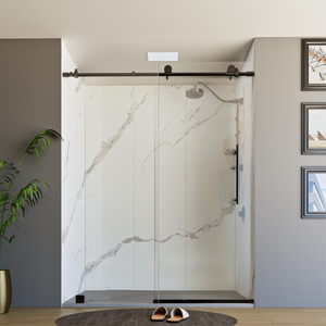 60 x 76 Inch Frameless Wall to Wall Shower Enclosure with One Fixed Glass & One Sliding Door, Clear Tempered Glass: 8mm, Black Finish - PRO