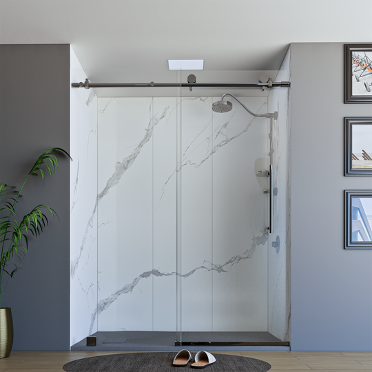 60" X 76" Armani Grey Alcove Shower Wall Kit - Shower Door / Wall System / Solid Surface Shower Base Tray with Covered Drain