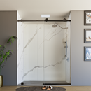 Load image into Gallery viewer, 60&quot; x 76&quot; Frameless Shower Door with Black - Solid Surface Shower Base Tray - Shower Kit with covered drain - and 5pc Shower Wall System