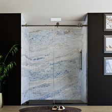 Load image into Gallery viewer, 60&quot; X 76&quot; Armani Grey Alcove Shower Wall Kit - Shower Door / Wall System / Solid Surface Shower Base Tray with Covered Drain