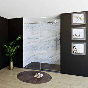 60" X 76" Armani Grey Alcove Shower Wall Kit - Shower Door / Wall System / Solid Surface Shower Base Tray with Covered Drain