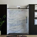 Load image into Gallery viewer, 60&quot; x 76&quot; Frameless Shower Door with Black - Solid Surface Shower Base Tray - Shower Kit with covered drain - and 5pc Shower Wall System