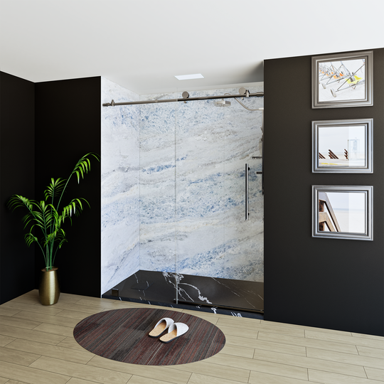 60" X 76" Armani Grey Alcove Shower Wall Kit - Shower Door / Wall System / Solid Surface Shower Base Tray with Covered Drain