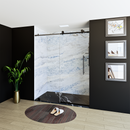 Load image into Gallery viewer, 60&quot; x 76&quot; Frameless Shower Door with Black - Solid Surface Shower Base Tray - Shower Kit with covered drain - and 5pc Shower Wall System