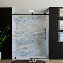 Load image into Gallery viewer, 60&quot; x 76&quot; Frameless Shower Door with Black - Solid Surface Shower Base Tray - Shower Kit with covered drain - and 5pc Shower Wall System