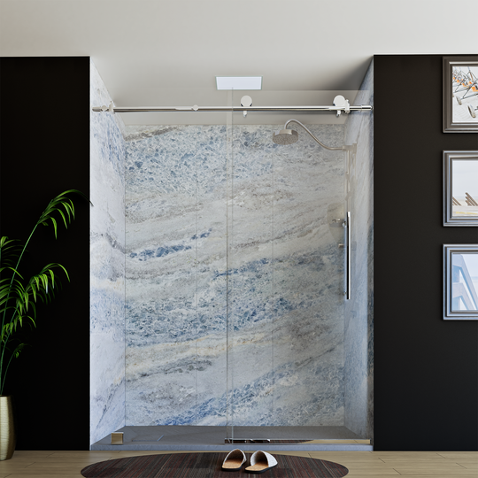 60" X 76" Armani Grey Alcove Shower Wall Kit - Shower Door / Wall System / Solid Surface Shower Base Tray with Covered Drain