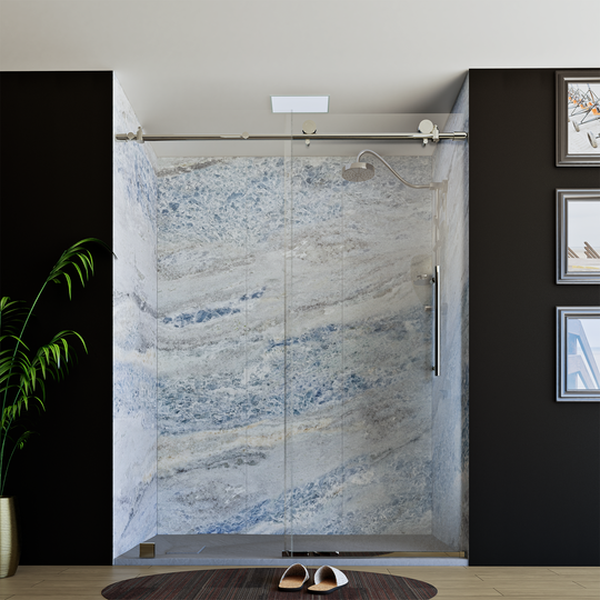 60" X 76" Armani Grey Alcove Shower Wall Kit - Shower Door / Wall System / Solid Surface Shower Base Tray with Covered Drain