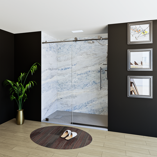 60" X 76" Armani Grey Alcove Shower Wall Kit - Shower Door / Wall System / Solid Surface Shower Base Tray with Covered Drain