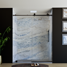 Load image into Gallery viewer, 60&quot; x 76&quot; Frameless Shower Door with Black - Solid Surface Shower Base Tray - Shower Kit with covered drain - and 5pc Shower Wall System