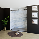 Load image into Gallery viewer, 60&quot; x 76&quot; Frameless Shower Door with Black - Solid Surface Shower Base Tray - Shower Kit with covered drain - and 5pc Shower Wall System