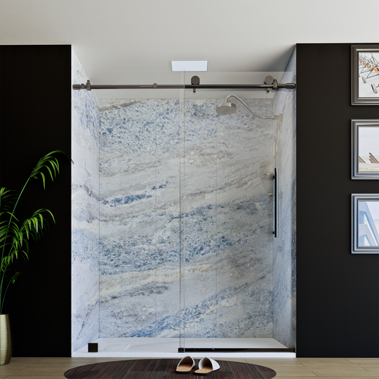 60" X 76" Armani Grey Alcove Shower Wall Kit - Shower Door / Wall System / Solid Surface Shower Base Tray with Covered Drain