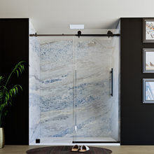 Load image into Gallery viewer, 60&quot; x 76&quot; Frameless Shower Door with Black - Solid Surface Shower Base Tray - Shower Kit with covered drain - and 5pc Shower Wall System