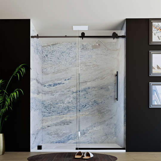 60" x 76" Frameless Shower Door with Black - Solid Surface Shower Base Tray - Shower Kit with covered drain - and 5pc Shower Wall System