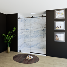 Load image into Gallery viewer, 60&quot; x 76&quot; Frameless Shower Door with Black - Solid Surface Shower Base Tray - Shower Kit with covered drain - and 5pc Shower Wall System