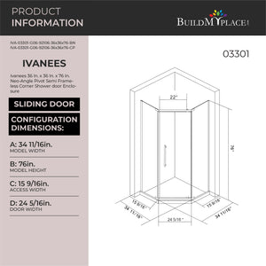 Ivanees 36 In. x 76 In. Neo-Angle Pivot Semi-Frameless Corner Shower Enclosure in Stainless Steel with 8mm Clear Tempered Glass