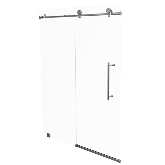 60 x 76 Inch Frameless Wall to Wall Shower Enclosure with One Fixed Glass & One Sliding Door, Clear Tempered Glass: 8mm, Brushed Grey Finish - PRO