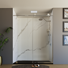 Load image into Gallery viewer, 60&quot; X 76&quot; Armani Grey Alcove Shower Wall Kit - Shower Door / Wall System / Solid Surface Shower Base Tray with Covered Drain