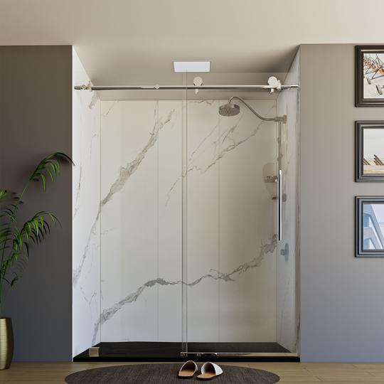 60" X 76" Armani Grey Alcove Shower Wall Kit - Shower Door / Wall System / Solid Surface Shower Base Tray with Covered Drain