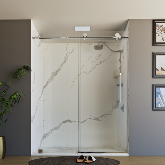60" X 76" Armani Grey Alcove Shower Wall Kit - Shower Door / Wall System / Solid Surface Shower Base Tray with Covered Drain