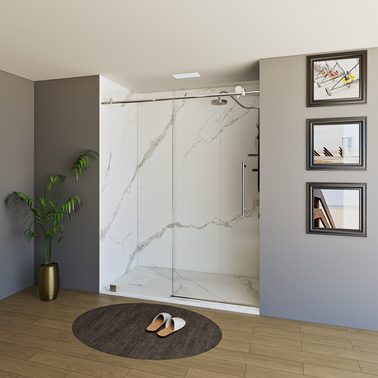 60" X 76" Armani Grey Alcove Shower Wall Kit - Shower Door / Wall System / Solid Surface Shower Base Tray with Covered Drain