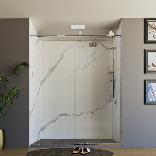 60" X 76" Armani Grey Alcove Shower Wall Kit - Shower Door / Wall System / Solid Surface Shower Base Tray with Covered Drain