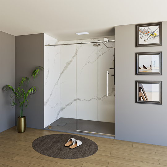60" X 76" Armani Grey Alcove Shower Wall Kit - Shower Door / Wall System / Solid Surface Shower Base Tray with Covered Drain