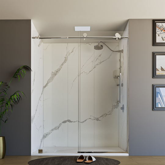 60" X 76" Armani Grey Alcove Shower Wall Kit - Shower Door / Wall System / Solid Surface Shower Base Tray with Covered Drain