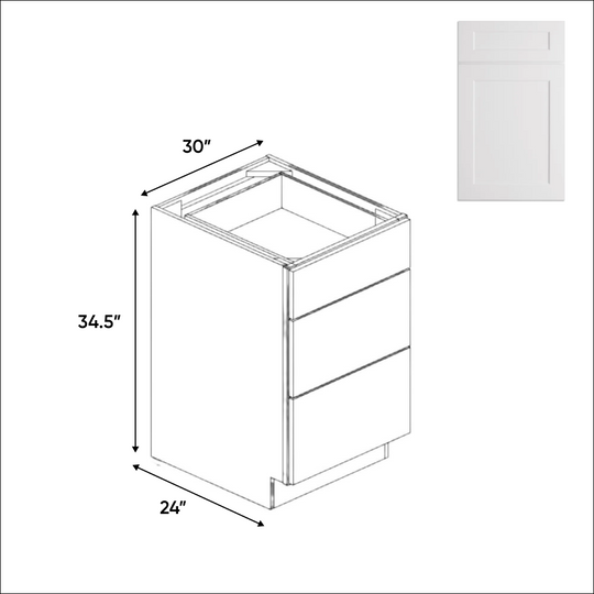 RTA - White Shaker - 3-Drawer Base Cabinet - 30"W x 34.5"H x 24"D
