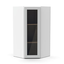 Load image into Gallery viewer, RTA - White Diagonal Corner Glass Door Wall Cabinets - 36&quot;H x 27&quot;W x 15&quot;D
